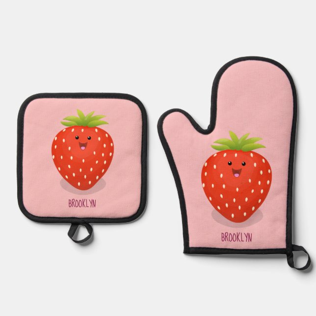 Cute kawaii strawberry cartoon illustration oven mitt & pot holder set (Front)
