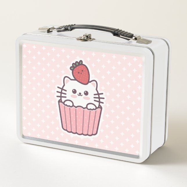 Cute Kawaii Strawberry Cat Cupcake Cartoon Metal Lunch Box (Front)