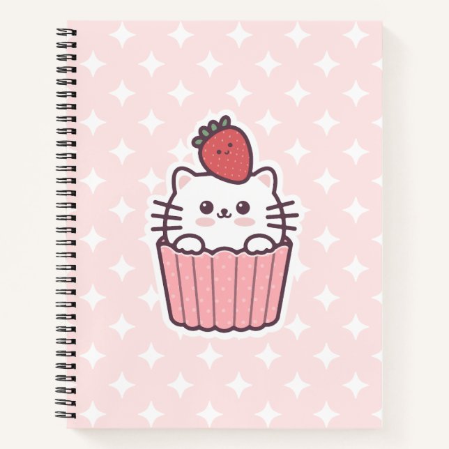 Cute Kawaii Strawberry Cat Cupcake Cartoon Notebook (Front)