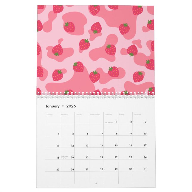 Cute Kawaii Strawberry Cow Pattern Calendar (Jan 2026)