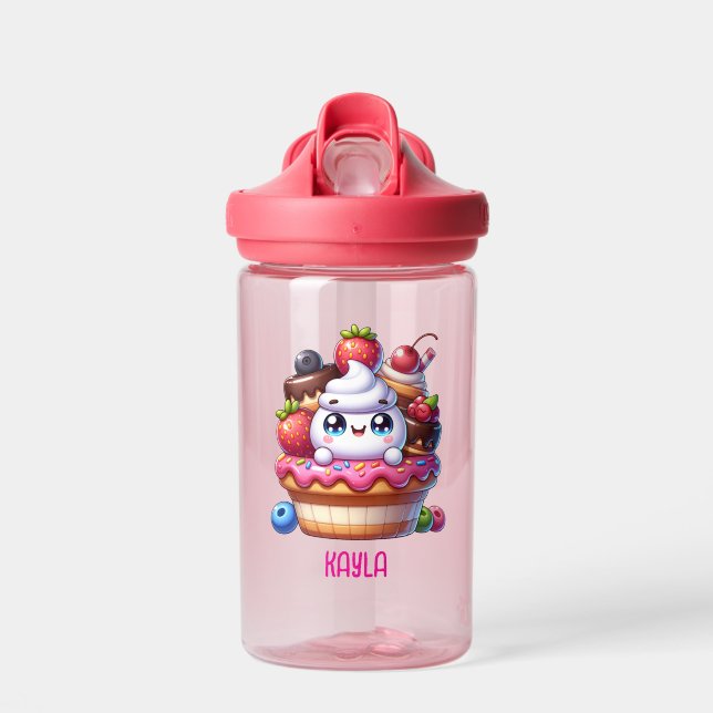 Cute Kawaii Strawberry Cupcake Personalized Water Bottle (Front)