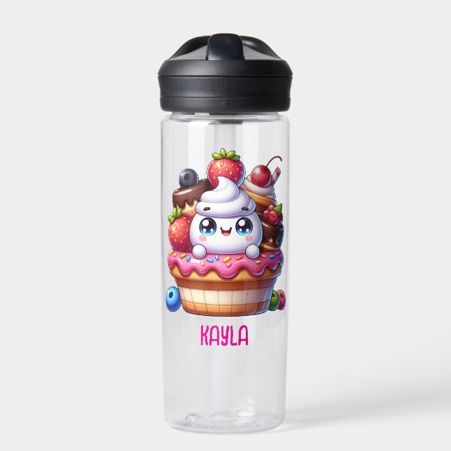Cute Kawaii Strawberry Cupcake Personalized Water Bottle (Front)