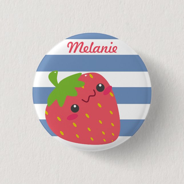 Cute Kawaii Strawberry Striped Personalised 1 Inch Round Button (Front)