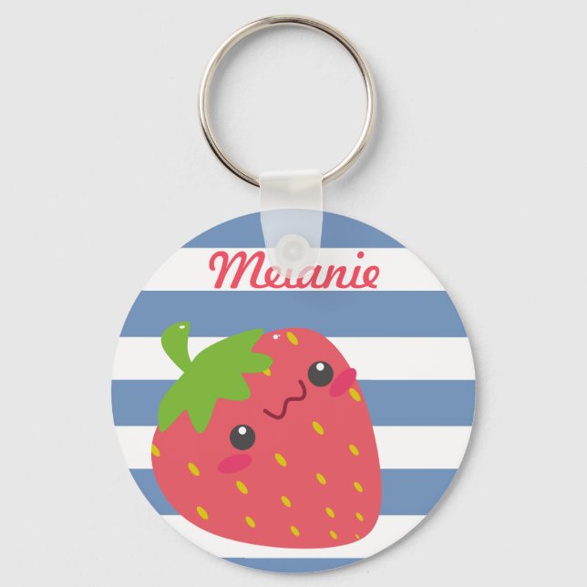 Cute Kawaii Strawberry Striped Personalised Keychain (Front)