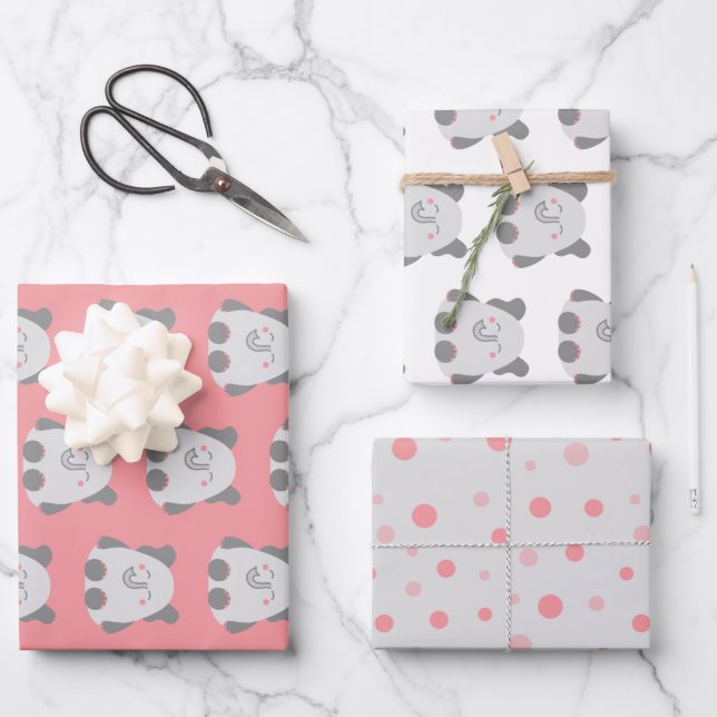 Cute kawaii-style elephant wrapping paper (Front)