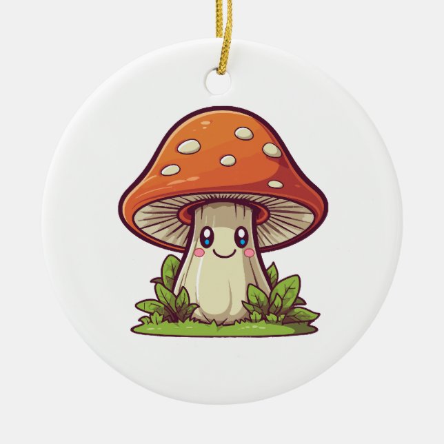 Cute kawaii style, Mushroom foraging Ceramic Ornament (Front)