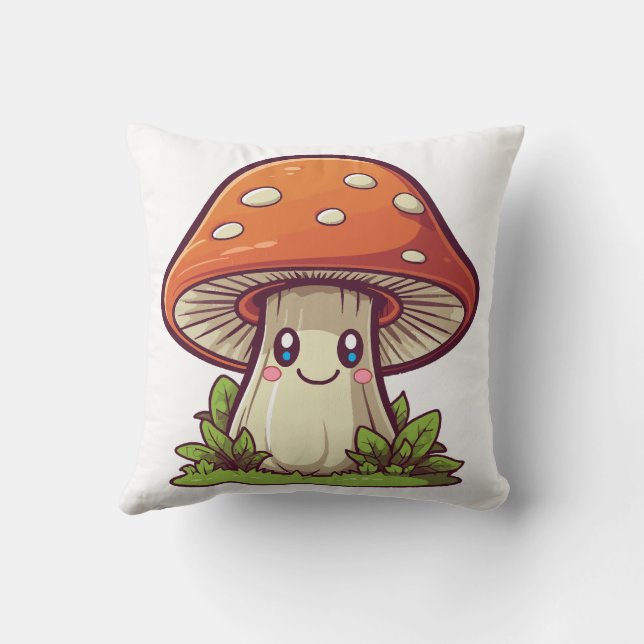 Cute kawaii style, Mushroom foraging Throw Pillow (Back)