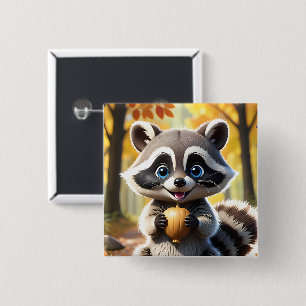 Cute Kawaii style Racoon holding an acorn  2 Inch Square Button