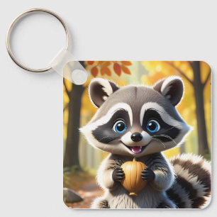 Cute Kawaii style Racoon holding an acorn Keychain