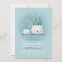 Cute Kawaii Succulent Boy Blue Baby Shower Invitat