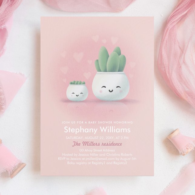 Cute Kawaii Succulent Girl Pink Baby Shower Invita Invitation (Creator Uploaded)