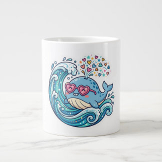 Cute Kawaii Summer Blue Whale Heart SunglasSticker Large Coffee Mug