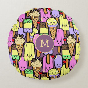 Cute Kawaii Summer Popsicles Monogram Round Pillow