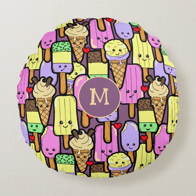 Cute Kawaii Summer Popsicles Monogram Round Pillow (Front)