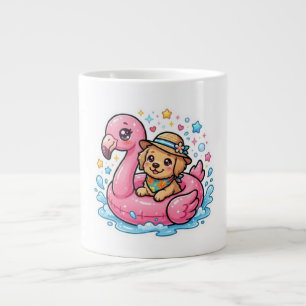 Cute Kawaii Summer Puppy Flamingo Pool FloaSticker Large Coffee Mug