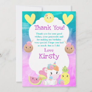 Cute Kawaii Summer Tropical Unicorn Birthday Thank You Card