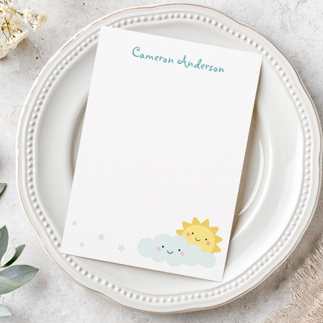Cute kawaii sun and cloud personalized name text card (Cute kawaii sun and cloud personalized name text note card)