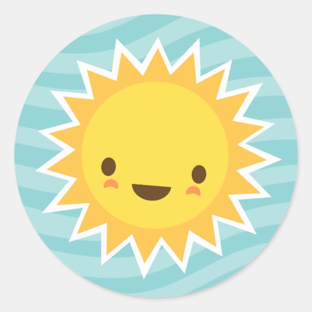 Cute kawaii sun cartoon character on blue classic round sticker (Front)
