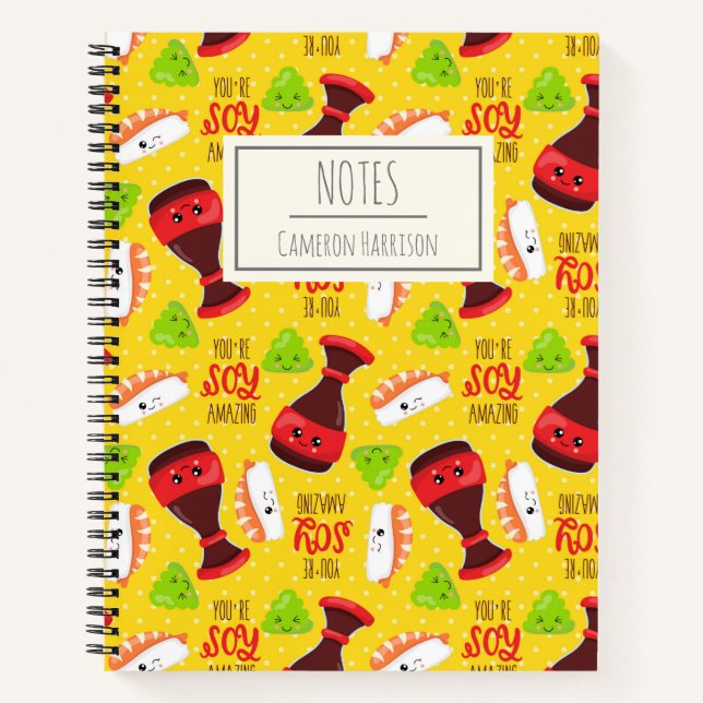 Cute Kawaii Sushi Food Puns Personalized Kids Name Notebook (Front)