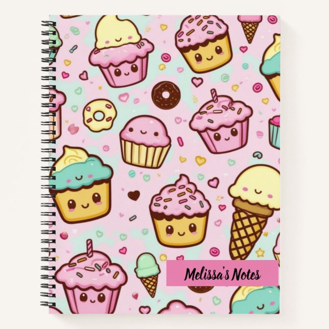 Cute Kawaii Sweet Desserts Pink Personalized Notebook (Front)