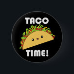 Cute kawaii Taco Time! button<br><div class="desc">A cute button featuring a yummy taco with ground beef,  lettuce,  tomatoes,  and cheese,  smiling on a black background between the words "Taco Time!" in white Bahaus 93 font. A cute gift for taco lovers,  Japanese pop art,  and fans of humourous kawaii!</div>