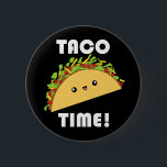 Cute kawaii Taco Time! button<br><div class="desc">A cute button featuring a yummy taco with ground beef, lettuce, tomatoes, and cheese, smiling on a black background between the words "Taco Time!" in white Bahaus 93 font. A cute gift for taco lovers, Japanese pop art, and fans of humourous kawaii!</div>