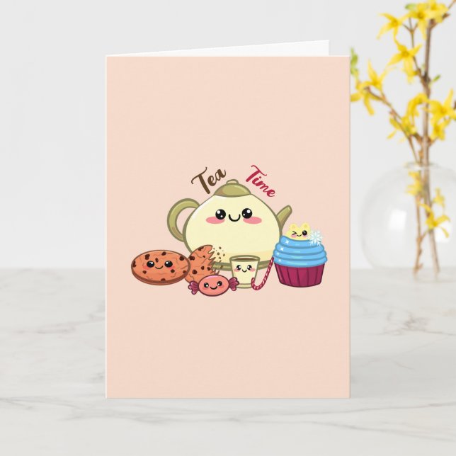 Cute Kawaii Tea Time & Sweets Illustration Card (Yellow Flower)