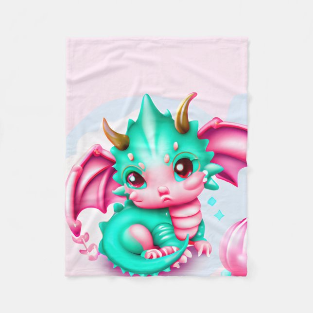 Cute Kawaii Teal and Pink Baby Dragon  Fleece Blanket (Front)