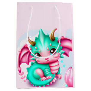 Cute Kawaii Teal and Pink Baby Dragon  Medium Gift Bag