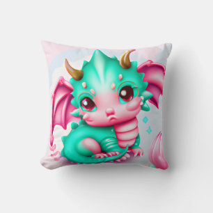 Cute Kawaii Teal and Pink Baby Dragon Throw Pillow