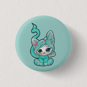 Cute Kawaii Teal Kitten   1 Inch Round Button