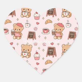 Cute Kawaii Teddy Bear Coffee Shop Pattern | Cozy  Heart Sticker