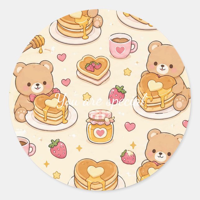 Cute Kawaii Teddy Bear Pancake Pattern Classic Round Sticker (Front)