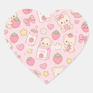Cute Kawaii Teddy Bear Strawberry Pattern | Pink  Heart Sticker