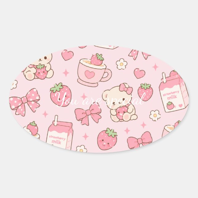 Cute Kawaii Teddy Bear Strawberry Pattern Sticker  (Front)