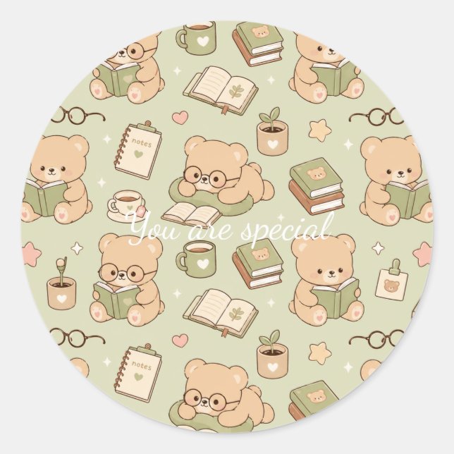 Cute Kawaii Teddy Bear Study Pattern | Cozy Readin Classic Round Sticker (Front)