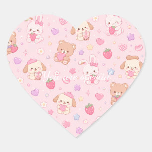 Cute Kawaii Teddy Bears & Strawberries Pattern  Heart Sticker