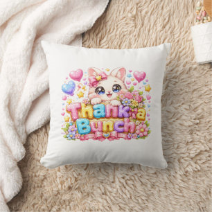 Cute Kawaii Thank a Bunch Cat Name Pastel Pink Flo Throw Pillow