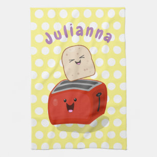 Cute kawaii toast and red toaster cartoon kitchen towel