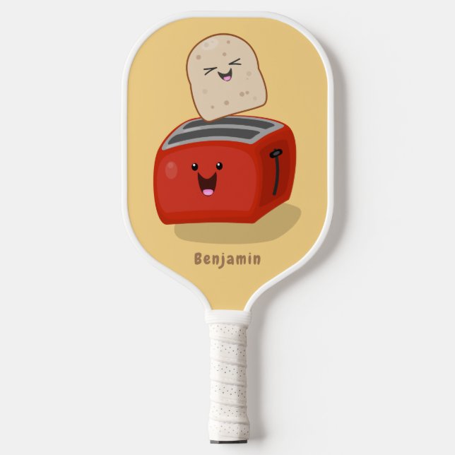 Cute kawaii toast and red toaster cartoon  pickleball paddle (Front)