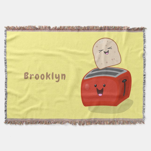 Cute kawaii toast and red toaster cartoon throw blanket (Front)