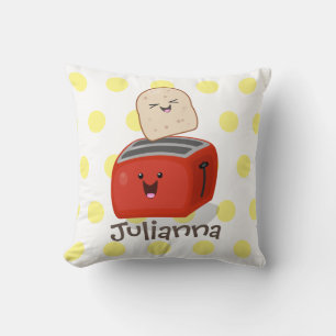 Cute kawaii toast and red toaster cartoon throw pillow