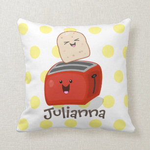 Cute kawaii toast and red toaster cartoon throw pillow