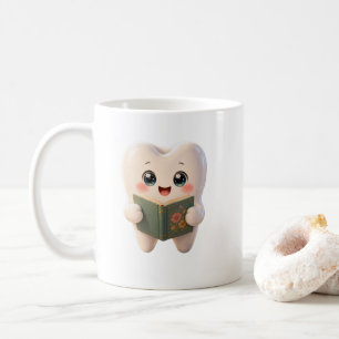 Cute Kawaii Tooth Character Reading Book Mug 