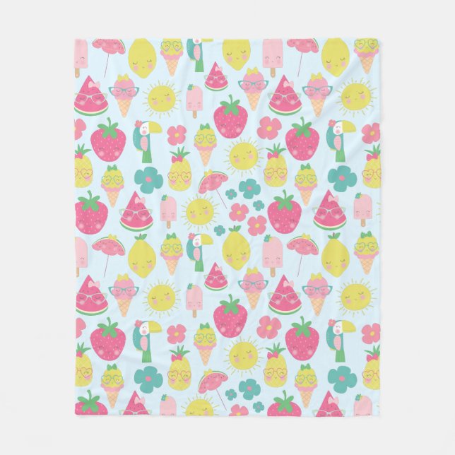 Cute Kawaii Tropical Fruit with Faces Pattern Fleece Blanket (Front)