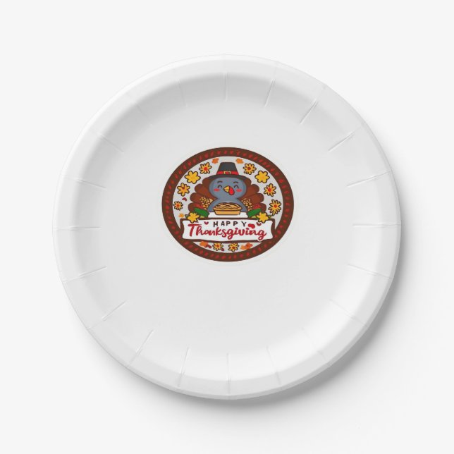 Cute Kawaii Turkey - Happy Thanksgiving Classic T- Paper Plate (Front)