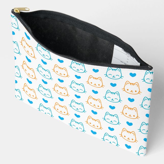 Cute Kawaii Turquoise and Orange Cat Faces Pattern Accessory Pouch (Open)