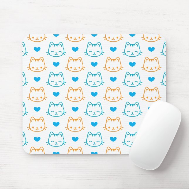 Cute Kawaii Turquoise and Orange Cat Faces Pattern Mouse Pad (With Mouse)