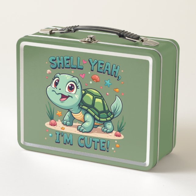 Cute Kawaii Turtle with Funny Pun Ocean Aesthetic Metal Lunch Box (Front)