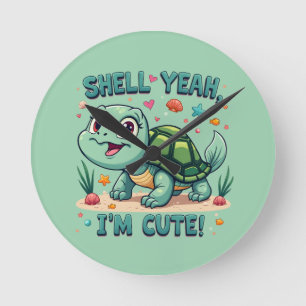 Cute Kawaii Turtle with Funny Pun Ocean Aesthetic Round Clock